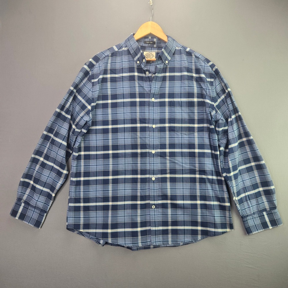 St. Johns Bay Shirt Mens XL Blue Plaid Long Sleeve Button Up Easy Care Cotton